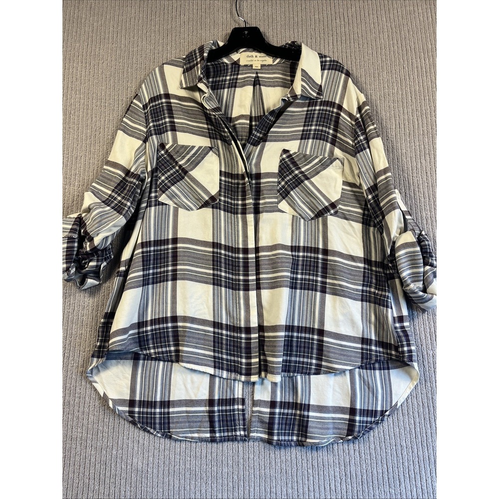 Cloth & Stone Shirt Women's XL Ivory Blue Button Up Hi Low Top Rayon